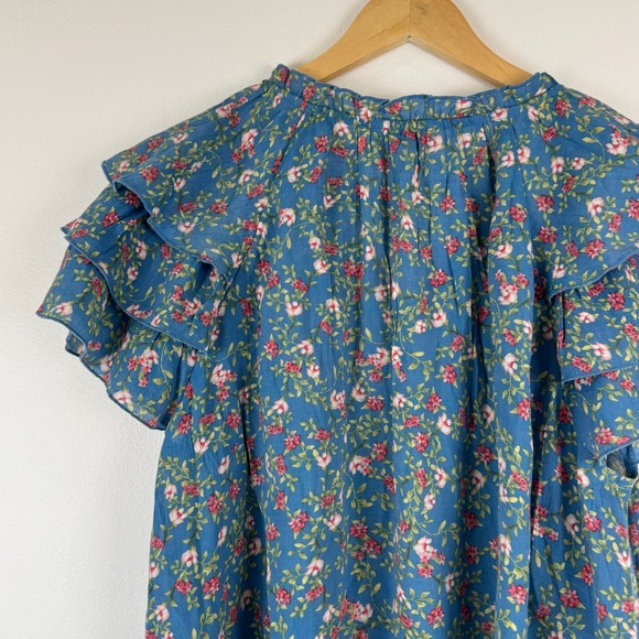 Nanette Lepore Blue Floral Ruffle Sleeve V-Neck Blouse Top Womens XL RN 103715 - Picture 12 of 14